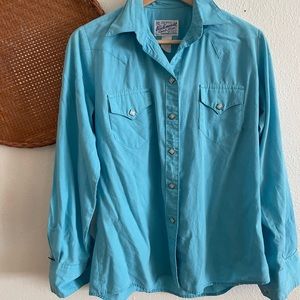 Vintage Western Rockmount Ranch Wear Button up shirt teal pearl snap